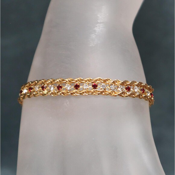 Vintage Rhinestone Tennis Bracelet Ruby Red & Clear - Picture 1 of 5